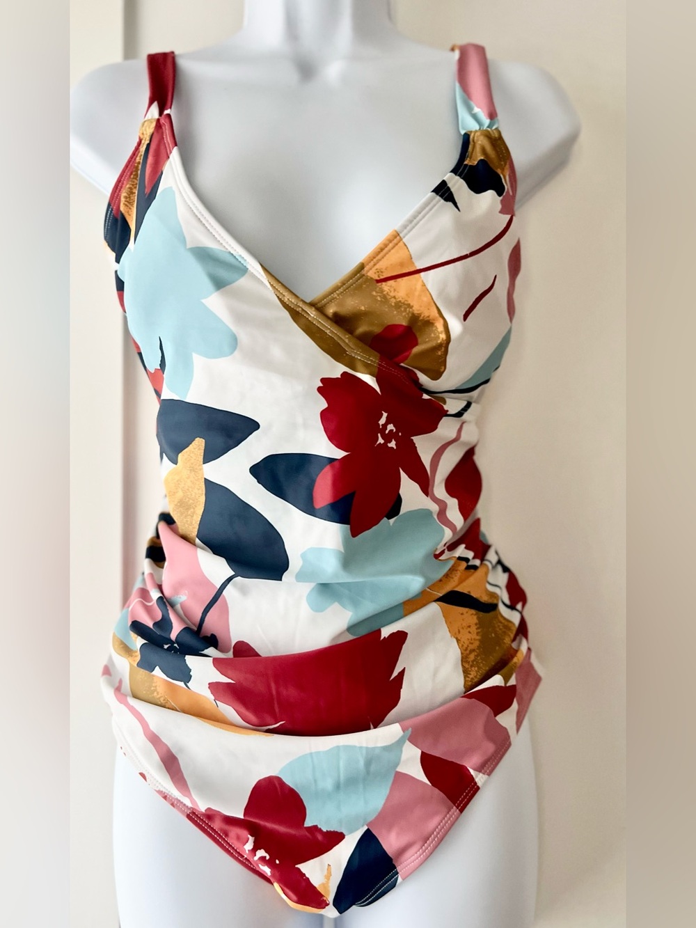 Anne Cole One Piece Ruched Swimsuit Multicolor Tropical Floral V-Neck Lined 12